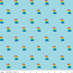 Aqua fabric with tossed Fisher-Price Rock-A-Stack rainbow stacking ring toy motifs