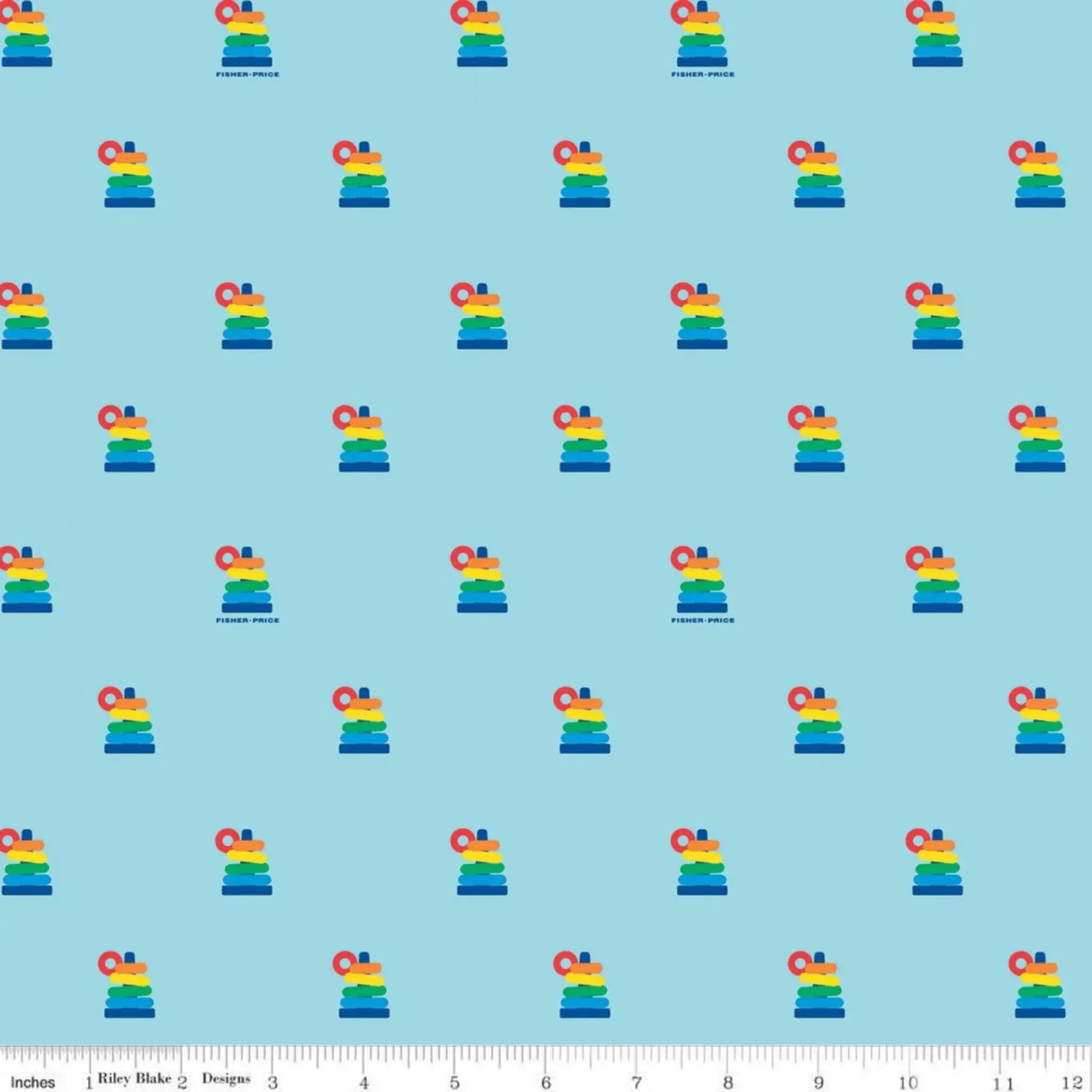 Aqua fabric with tossed Fisher-Price Rock-A-Stack rainbow stacking ring toy motifs