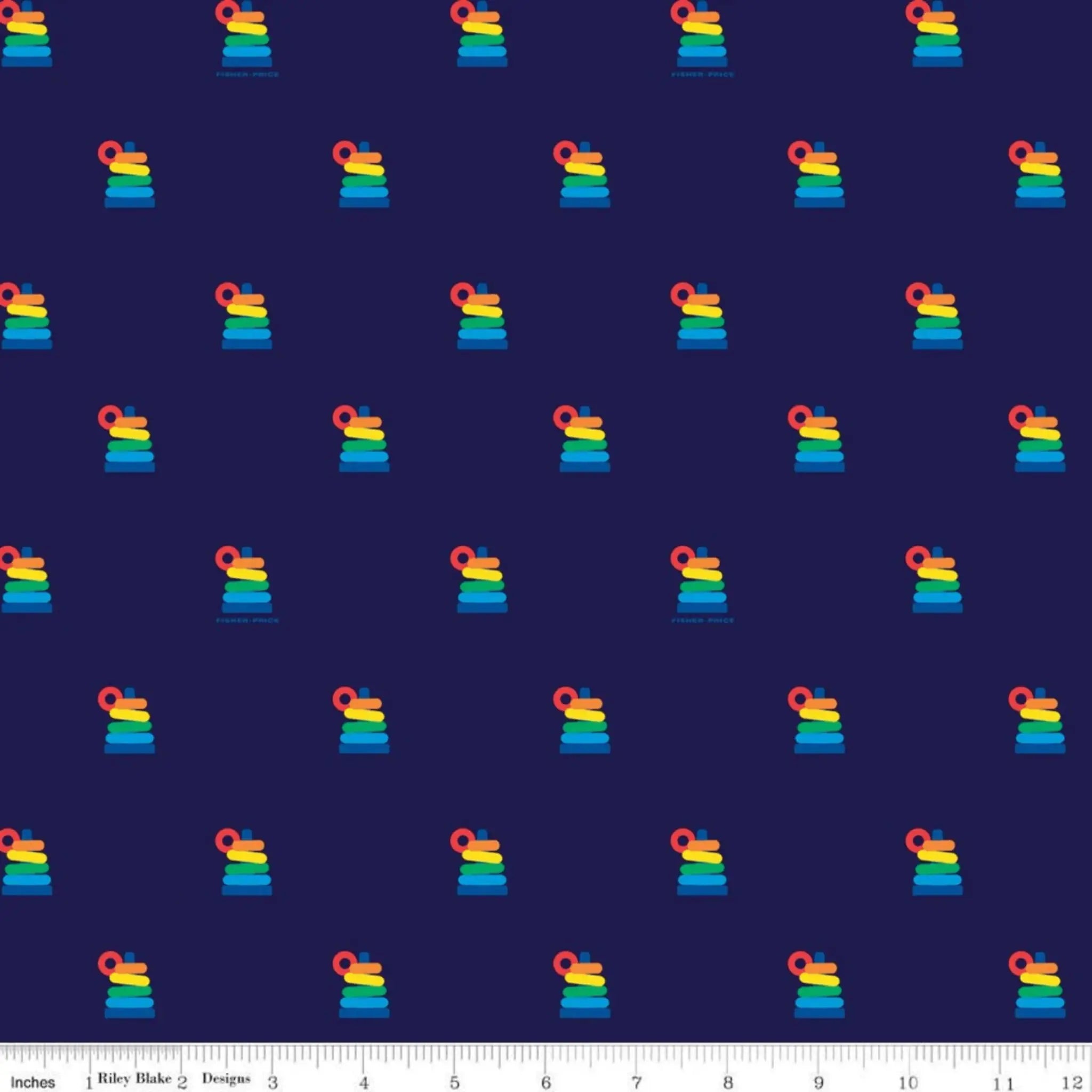 Navy fabric with Fisher-Price Rock-A-Stack toy motifs. Ideal for baby and kids projects