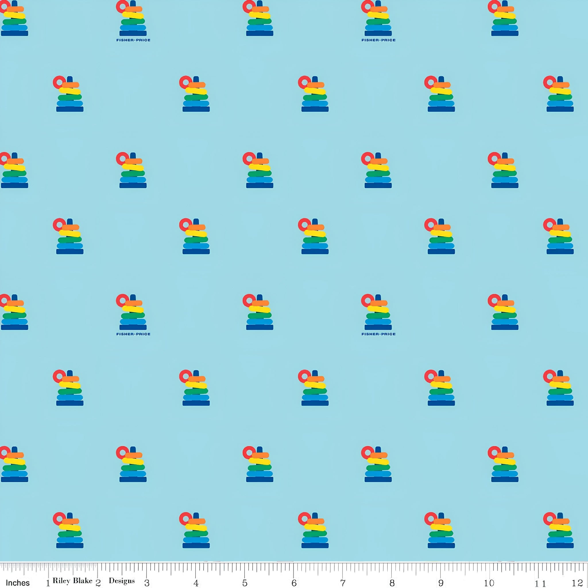 Fisher Price Rock a Stack rainbow stacking rings toy aqua novelty fabric for children's quilts play mats and nursery décor