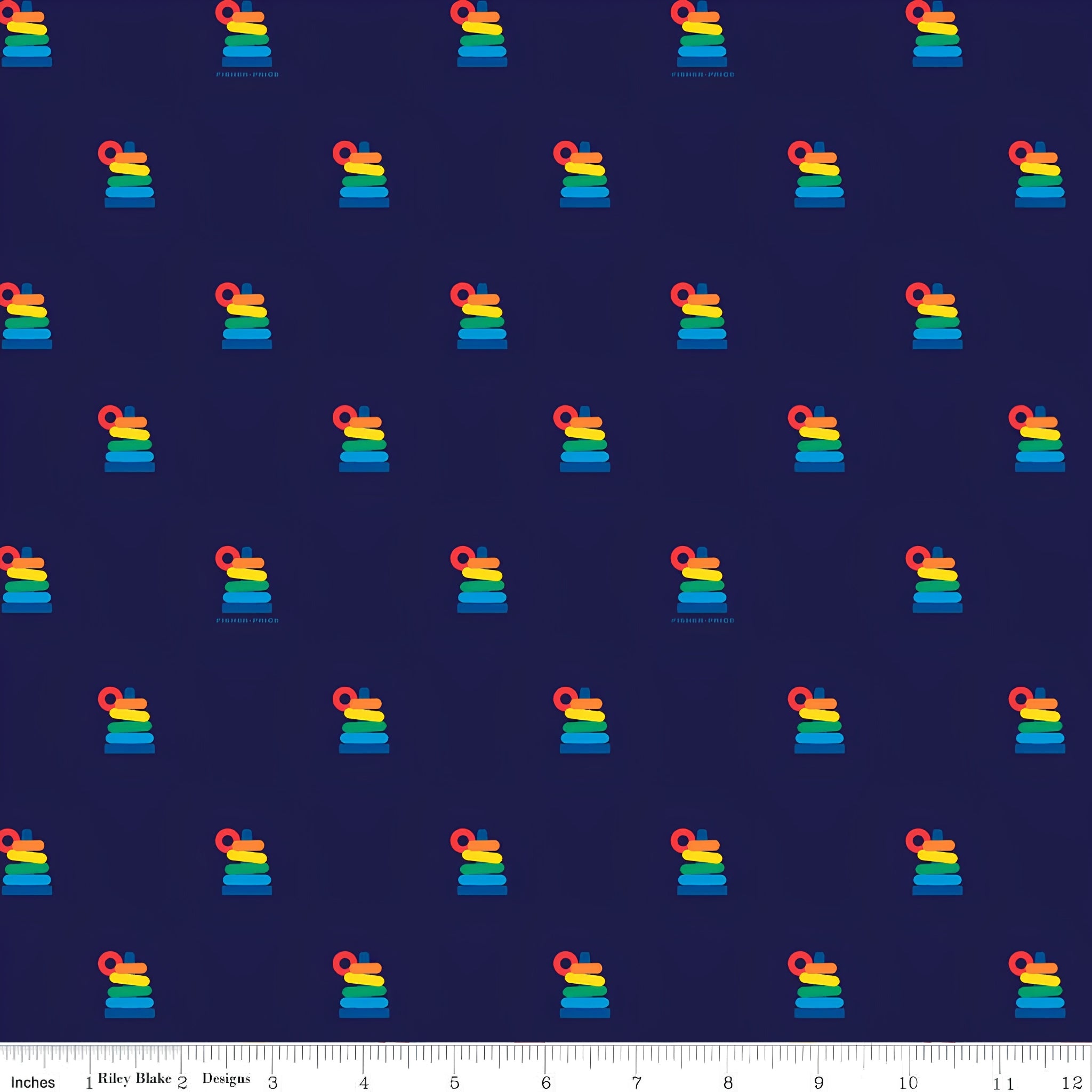 Fisher Price Rock a Stack rainbow stacking rings toy deep navy novelty fabric for children's quilts play mats and nursery décor