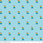 Aqua fabric with tossed Fisher-Price Rock-A-Stack rainbow stacking ring toy motifs