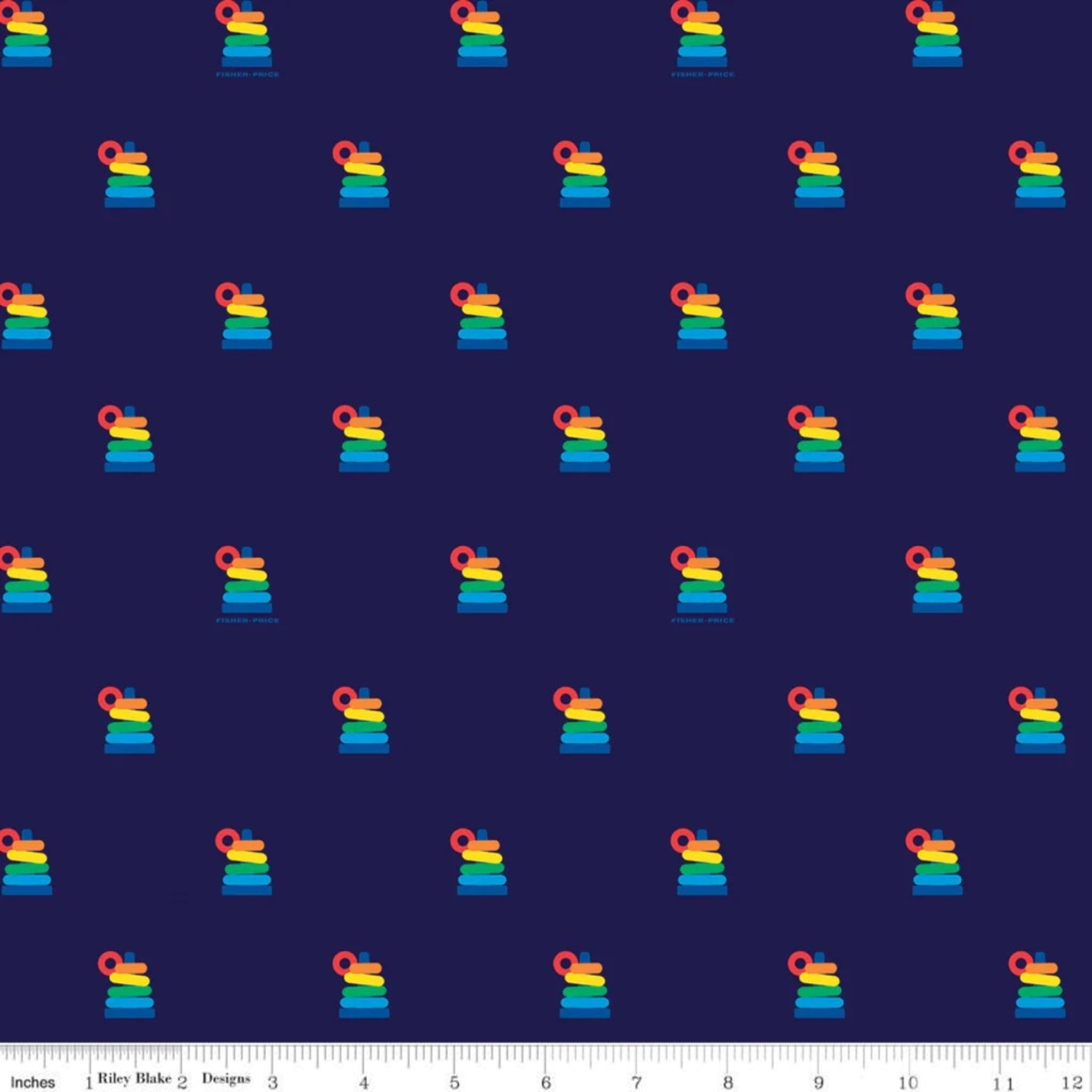 Navy fabric with Fisher-Price Rock-A-Stack toy motifs. Ideal for baby and kids projects