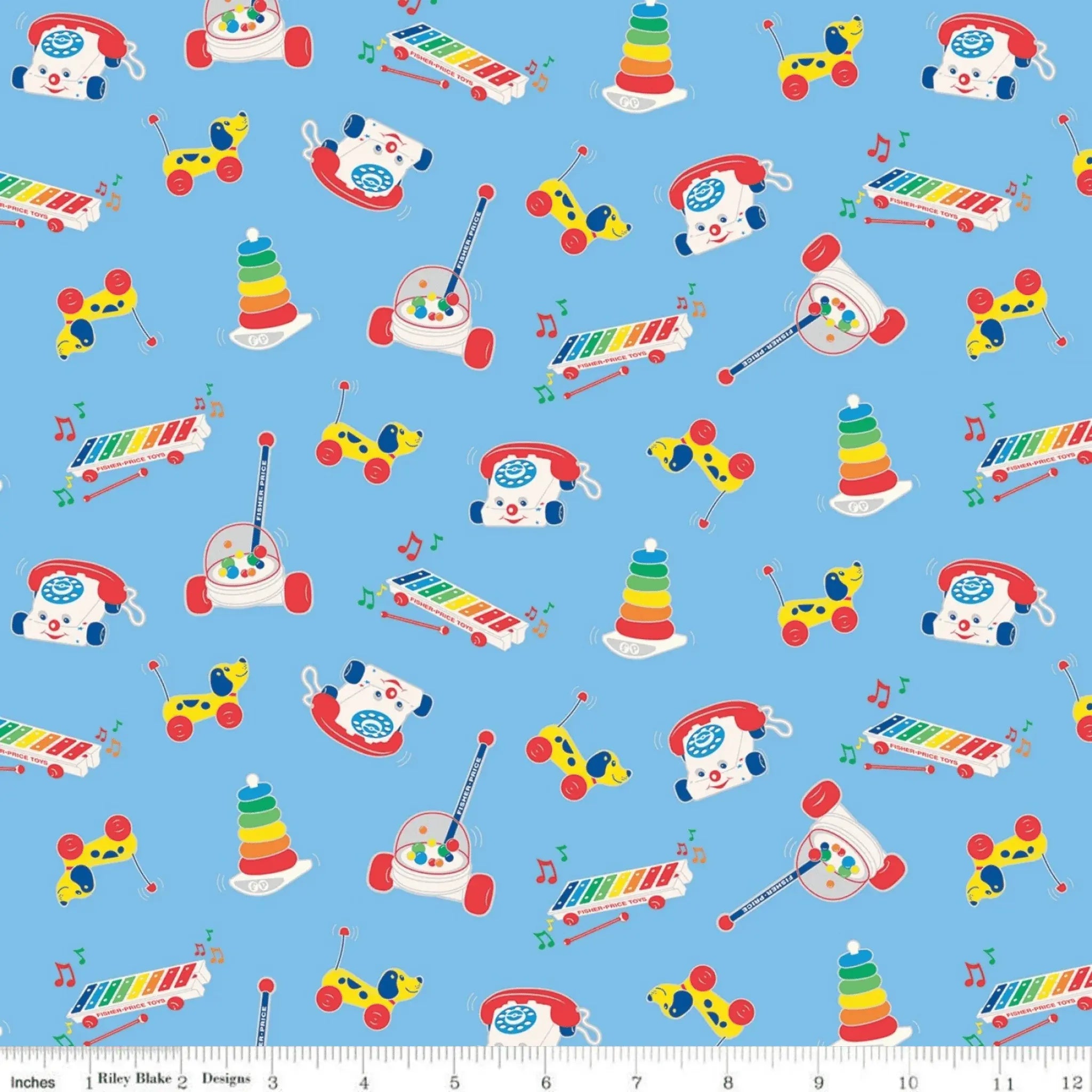 Blue fabric with tossed Fisher-Price classic toys: Xylophone and Telephone