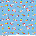 Blue fabric with tossed Fisher-Price classic toys: Xylophone and Telephone