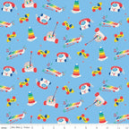 Blue fabric with tossed Fisher-Price classic toys: Xylophone and Telephone
