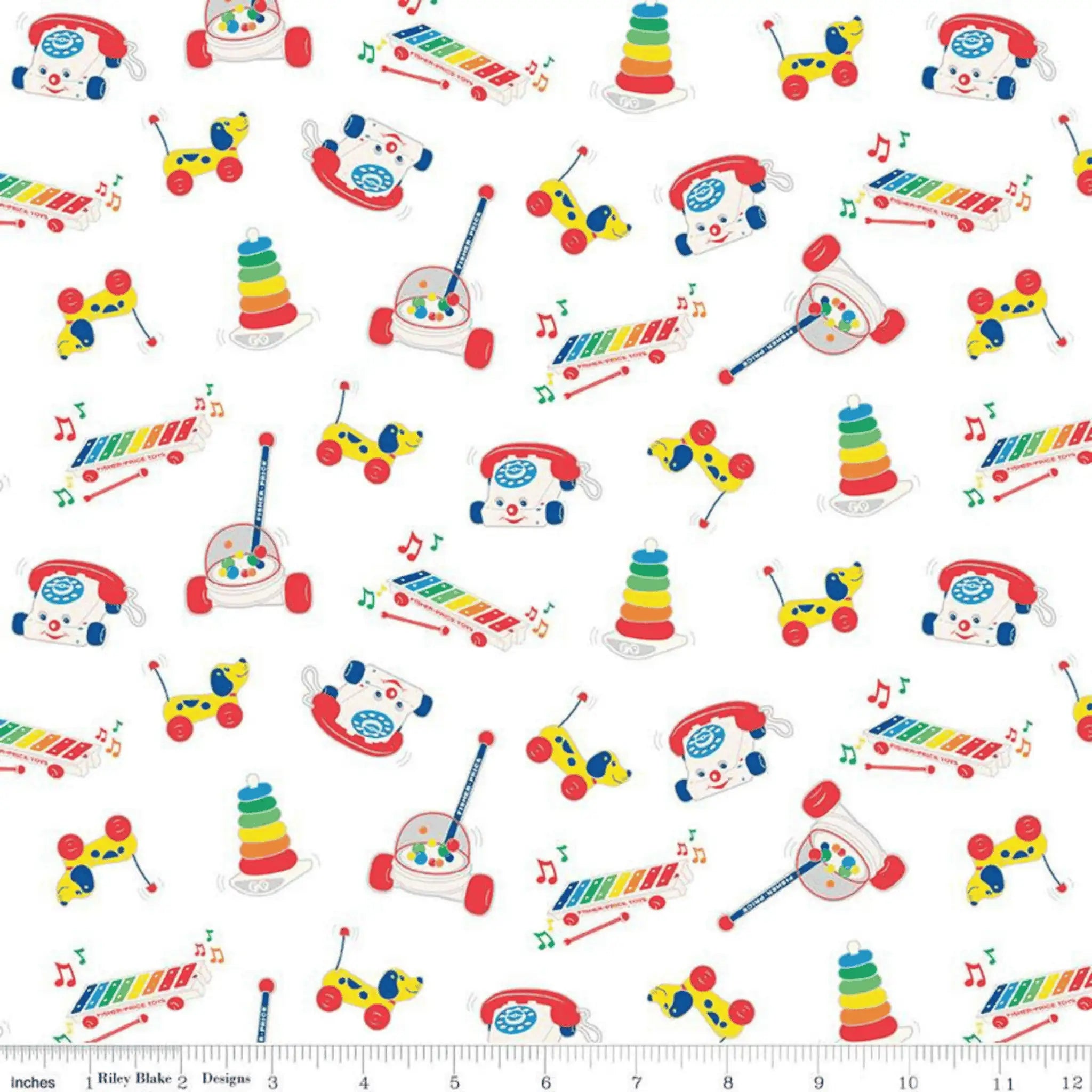 White quilting cotton with bright, tossed Fisher-Price classic toy motifs