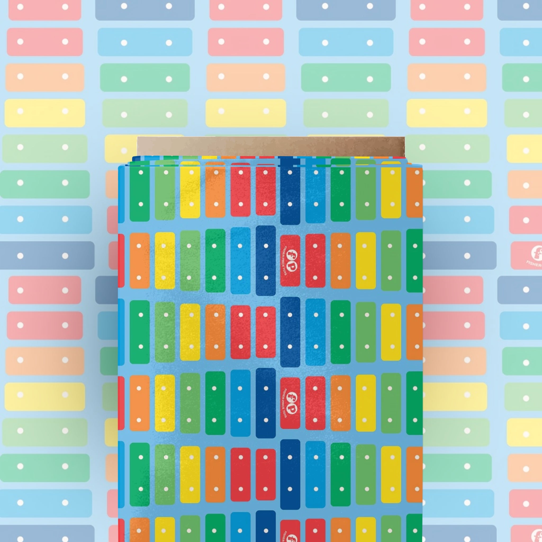 Fisher Price xylophone rainbow keys red orange yellow green blue sky blue novelty fabric for children's quilts and nursery décor