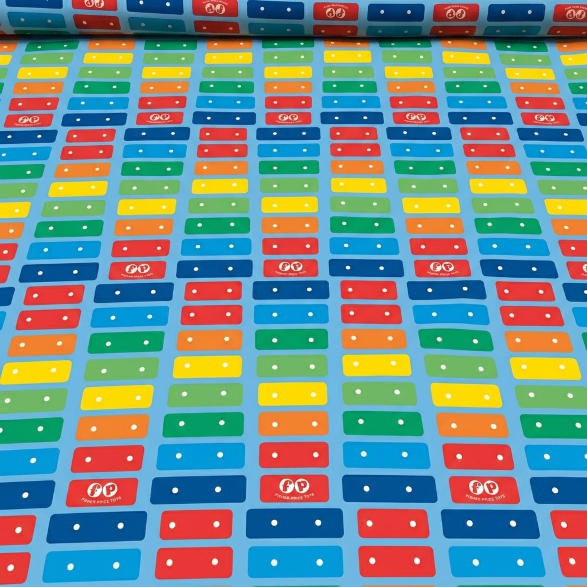 Fisher Price xylophone rainbow music keys red orange yellow green blue sky blue novelty fabric for children's quilts and nursery décor