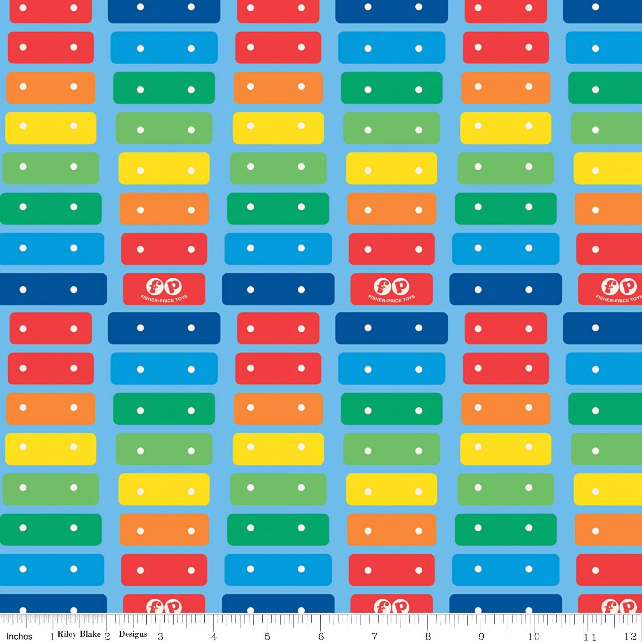 Fisher Price xylophone rainbow keys red orange yellow green blue sky blue novelty fabric for children's quilts and nursery décor