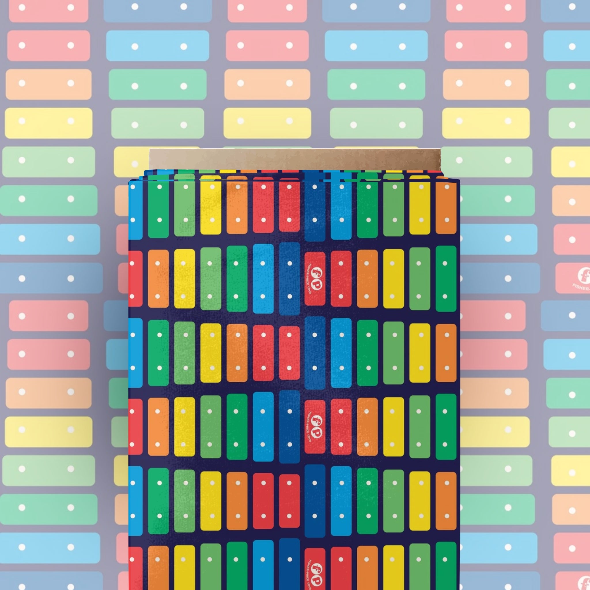 Fisher Price xylophone rainbow keys red orange yellow green blue deep navy novelty fabric for children's quilts and nursery décor