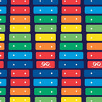 Fisher Price xylophone rainbow music keys red orange yellow green blue deep navy novelty fabric for children's quilts and nursery décor