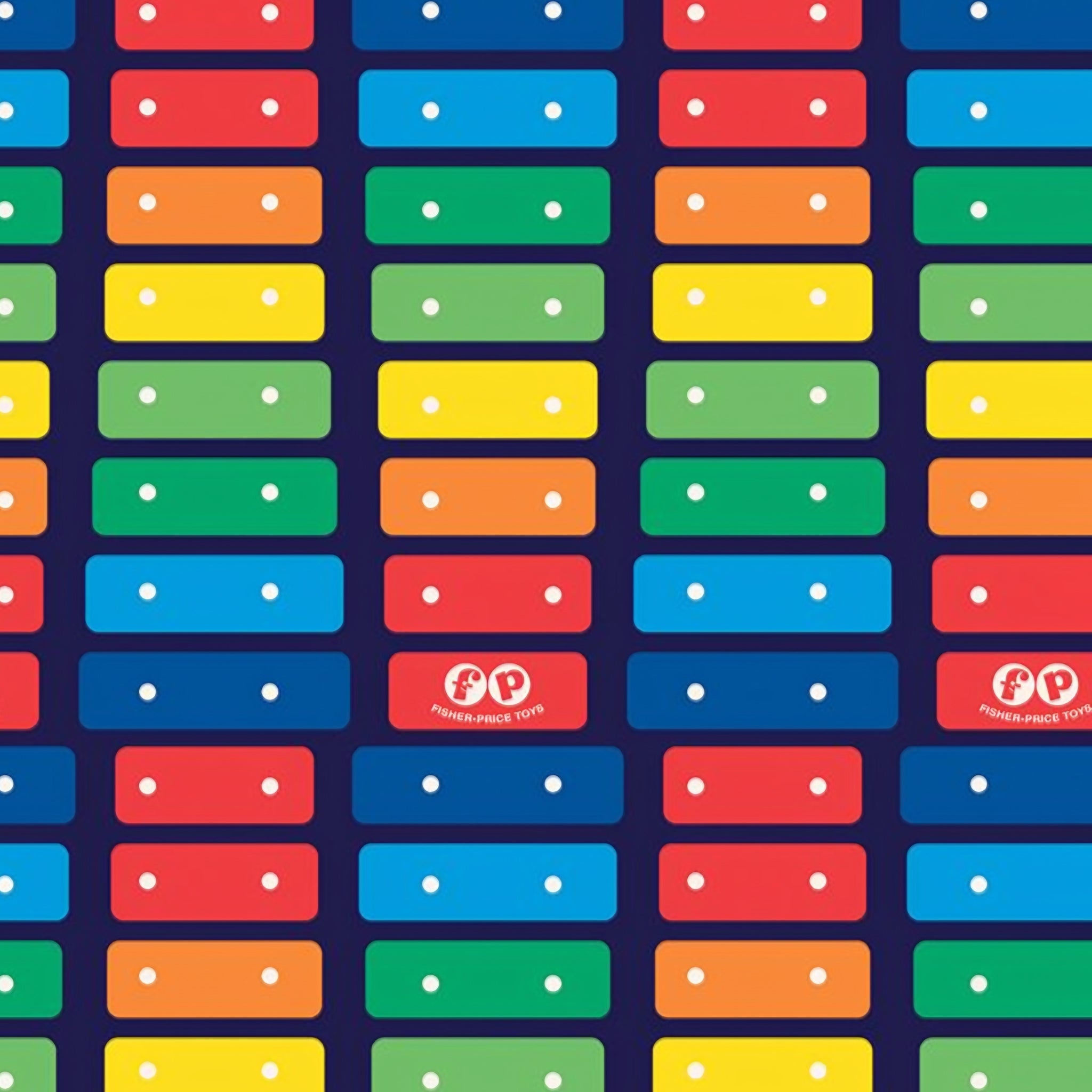 Fisher Price xylophone rainbow music keys red orange yellow green blue deep navy novelty fabric for children's quilts and nursery décor