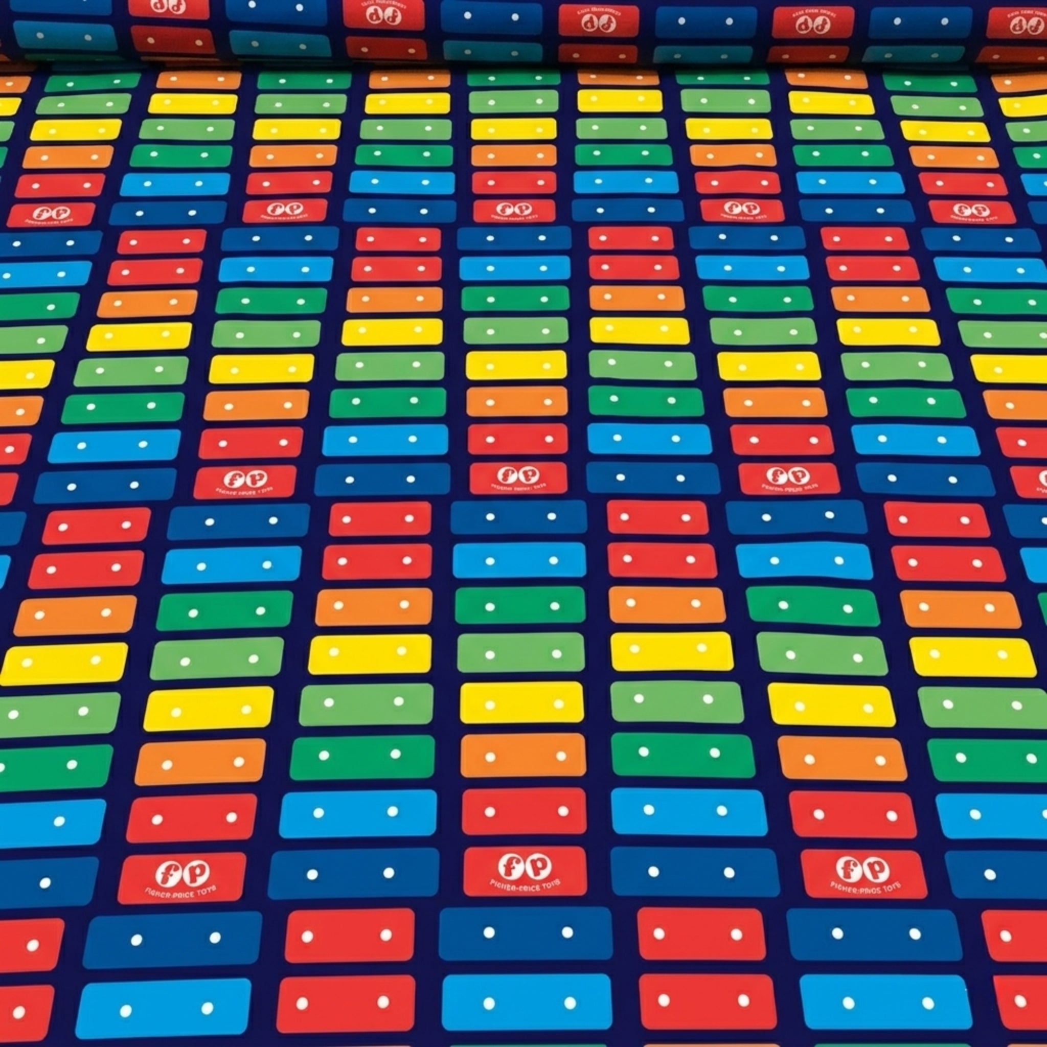 Fisher Price xylophone rainbow music keys red orange yellow green blue deep navy novelty fabric for children's quilts and nursery décor