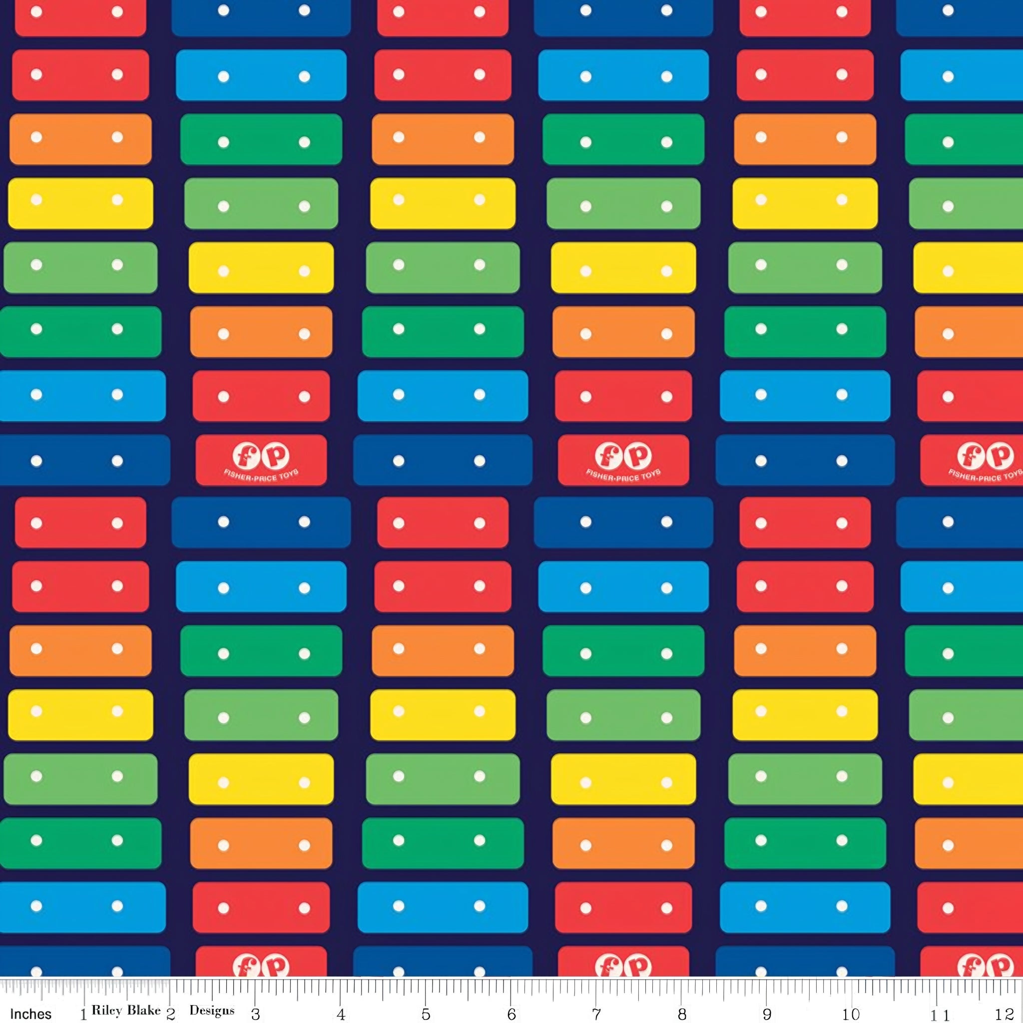 Fisher Price xylophone rainbow keys red orange yellow green blue deep navy novelty fabric for children's quilts and nursery décor