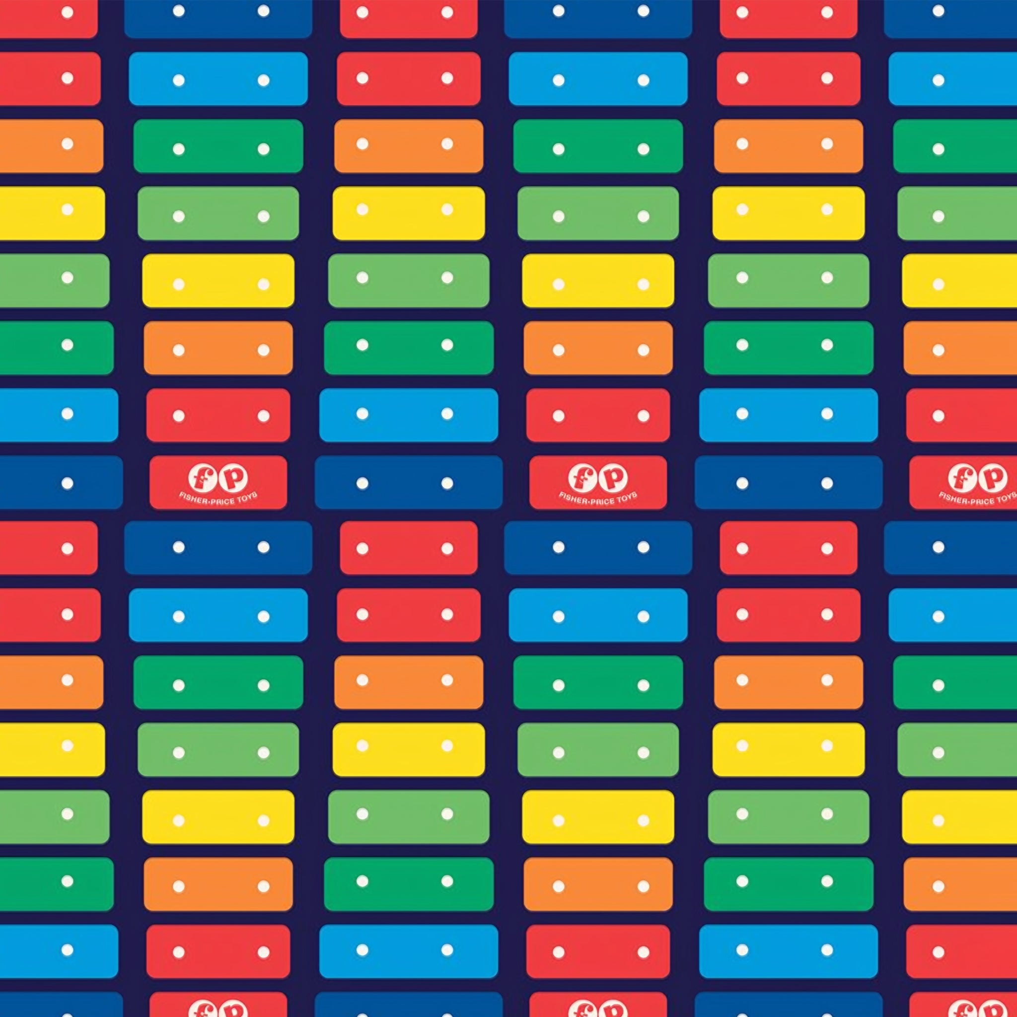 Fisher Price xylophone rainbow keys red orange yellow green blue deep navy novelty fabric for children's quilts and nursery décor