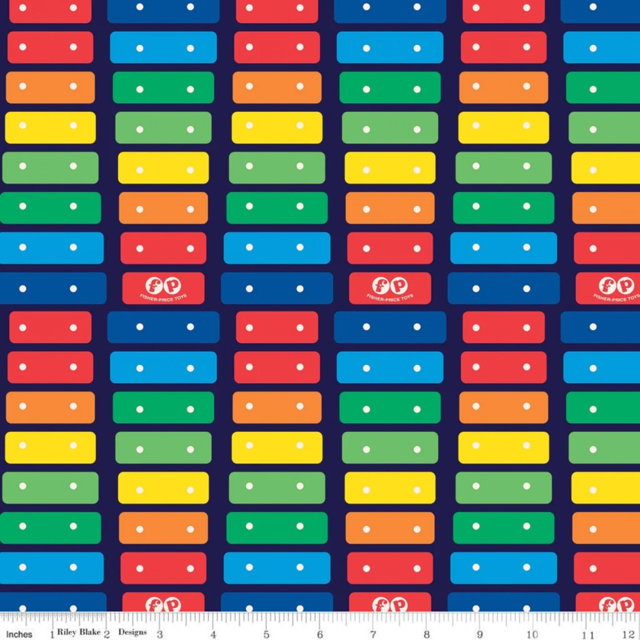 Navy fabric with Fisher-Price Xylophone rainbow keys stripe pattern