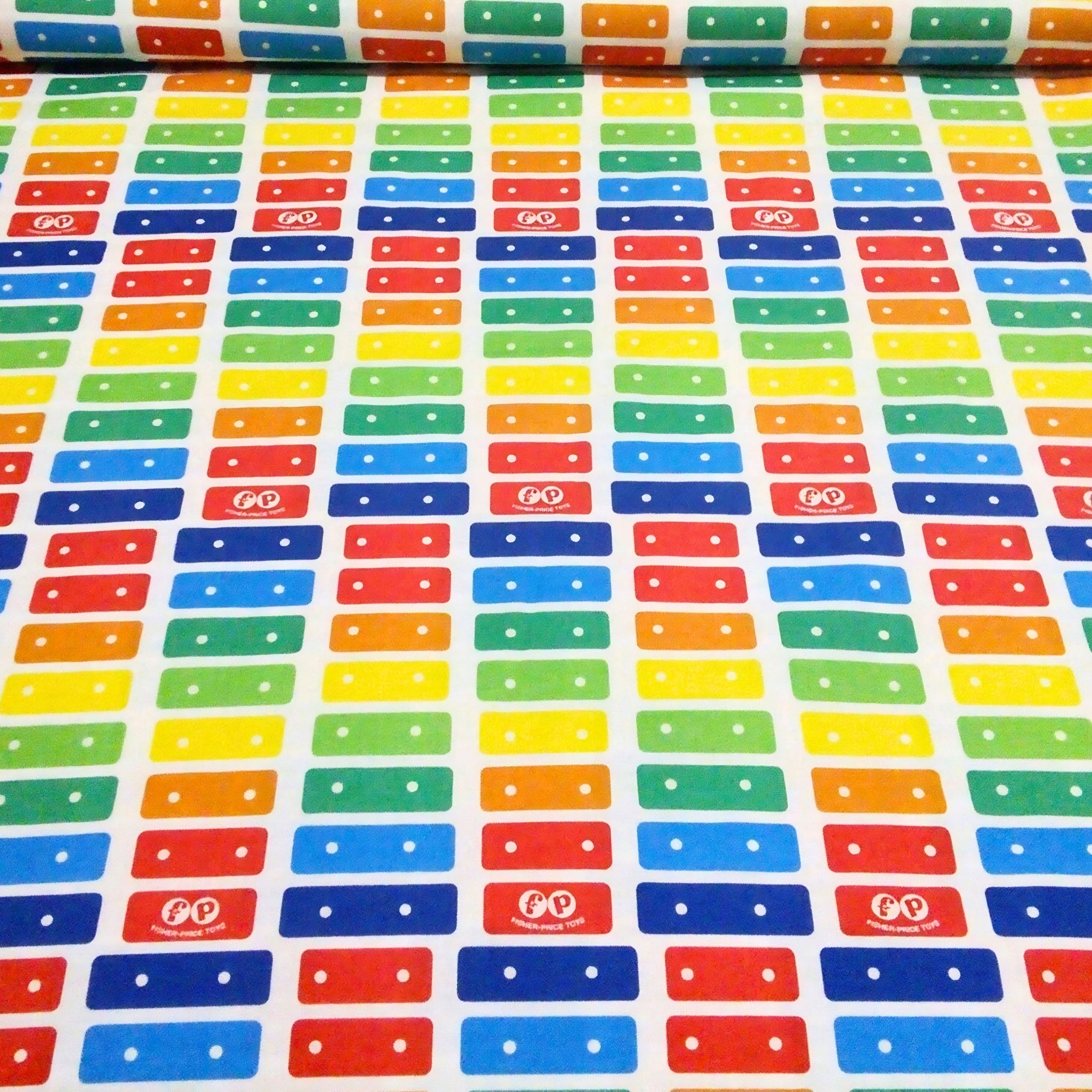 Fisher Price xylophone rainbow music keys red orange yellow green blue white novelty fabric for children's quilts and nursery décor