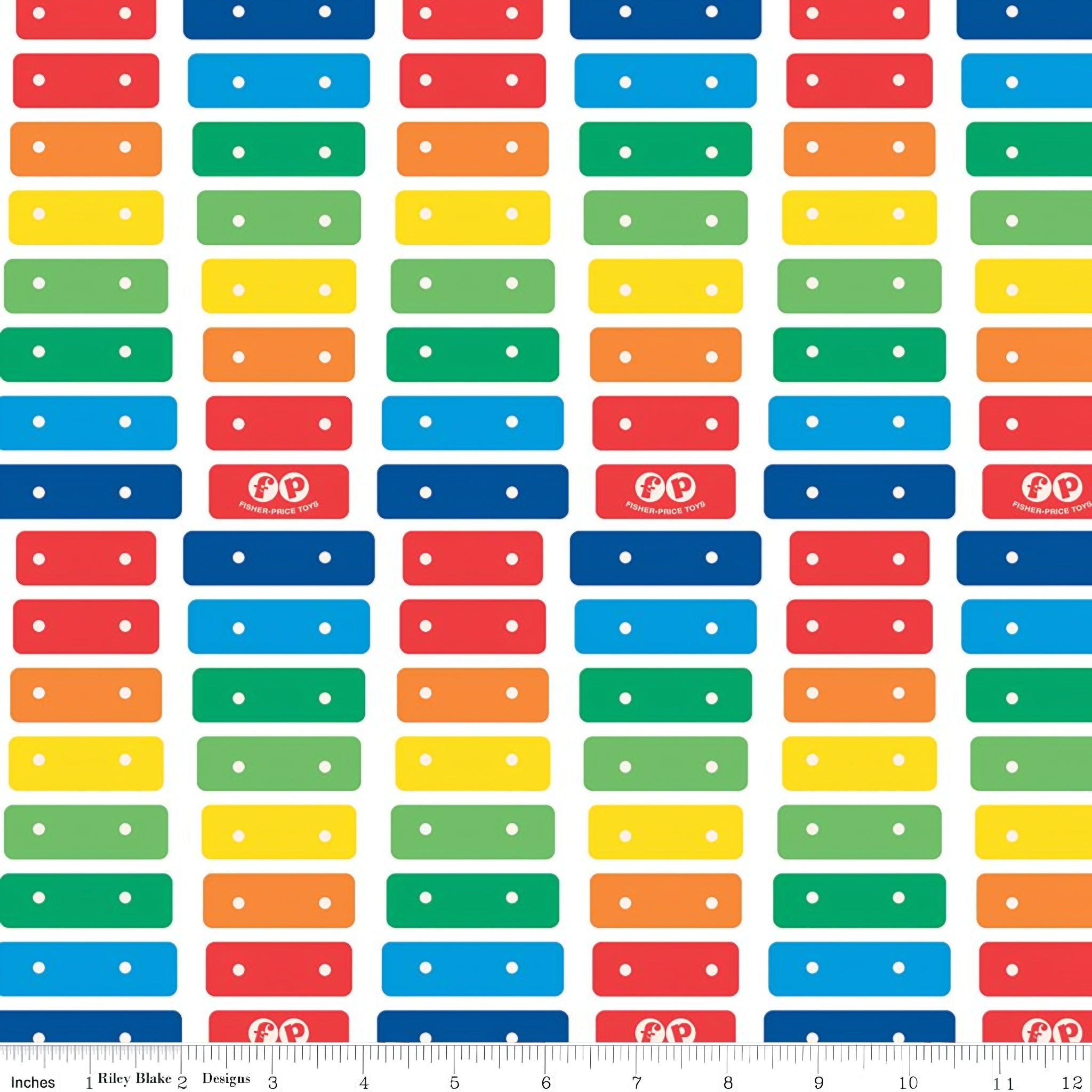 Fisher Price xylophone rainbow keys red orange yellow green blue white novelty fabric for children's quilts and nursery décor