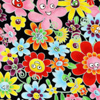 Yuko Hasegawa kawaii happy flowers black pink red yellow fabric for collectible quilts bags patchwork sewing projects