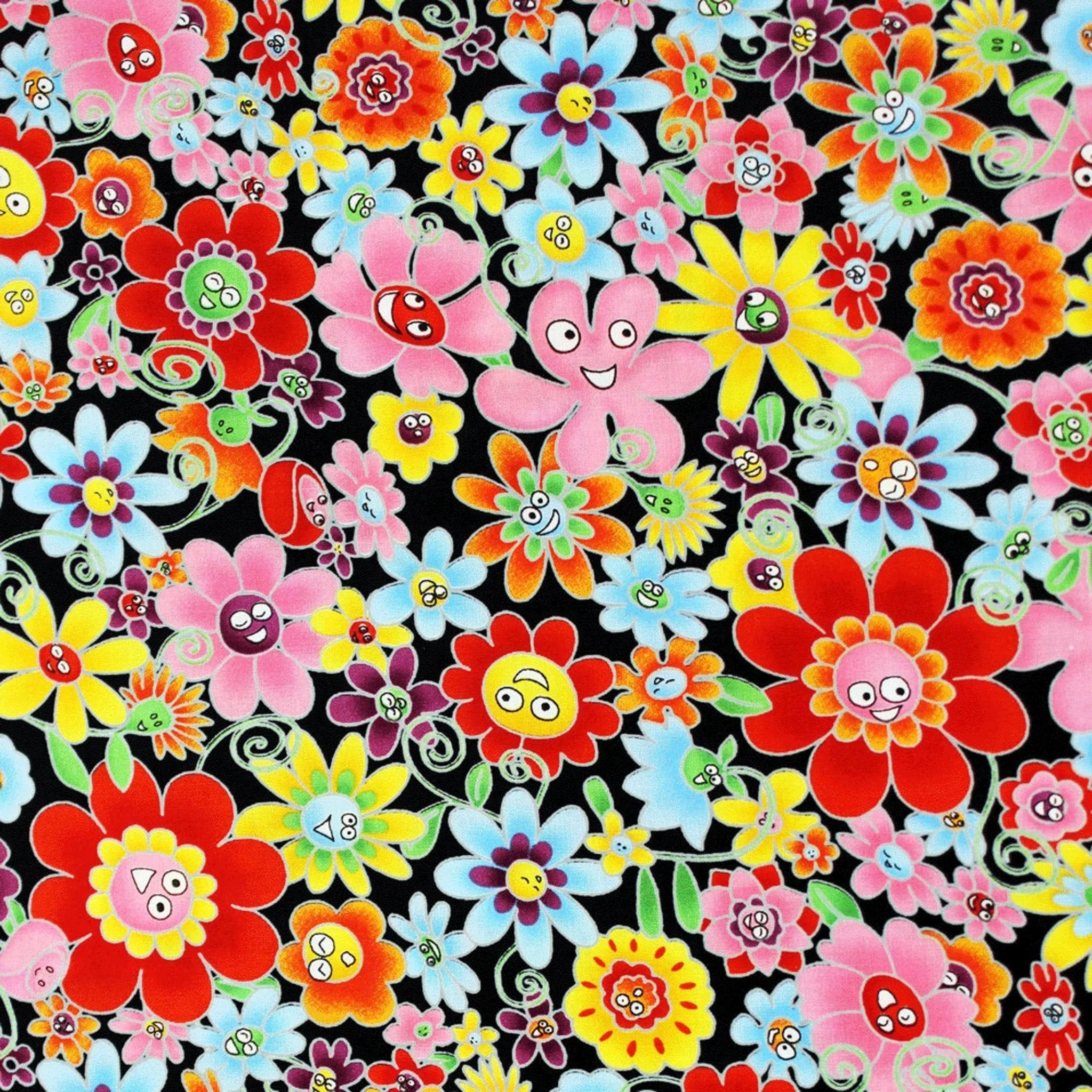 Yuko Hasegawa kawaii happy flowers black fabric for collectible quilts bags patchwork sewing projects