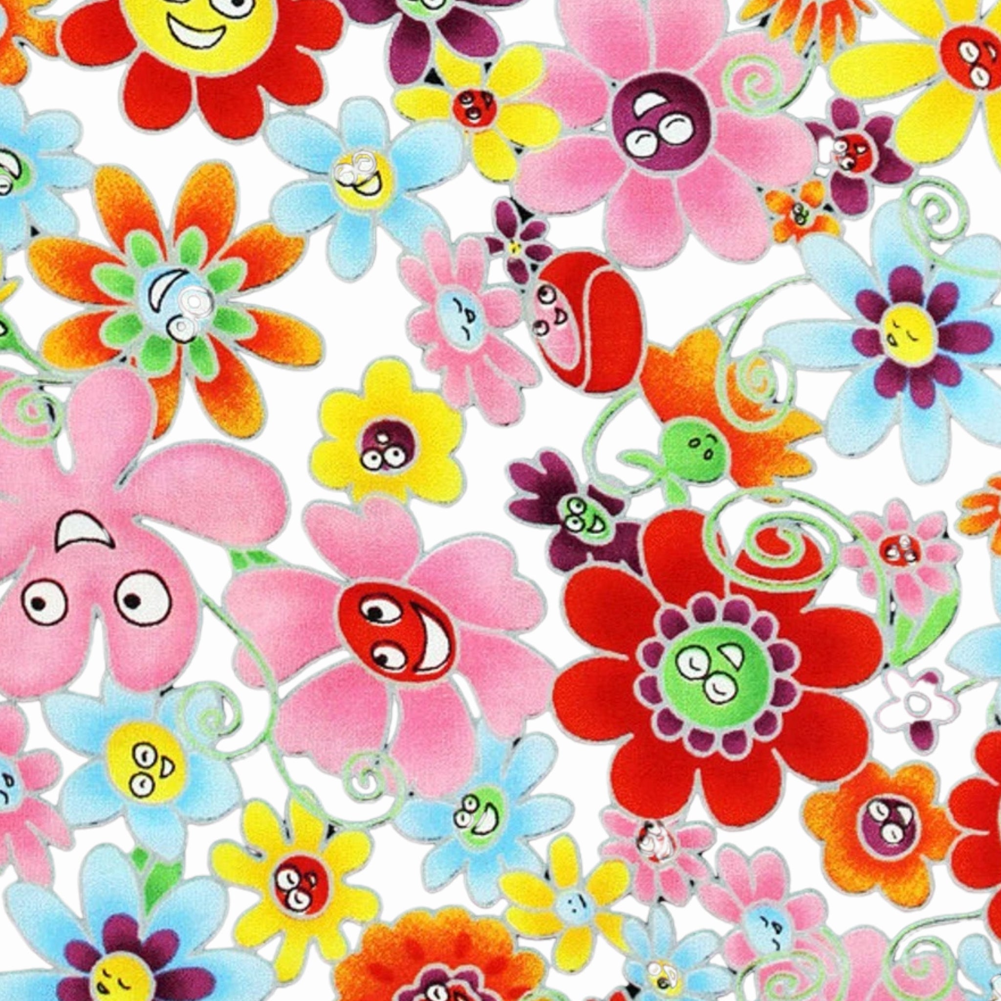 Yuko Hasegawa kawaii happy flowers white pink red yellow fabric for collectible quilts bags patchwork sewing projects