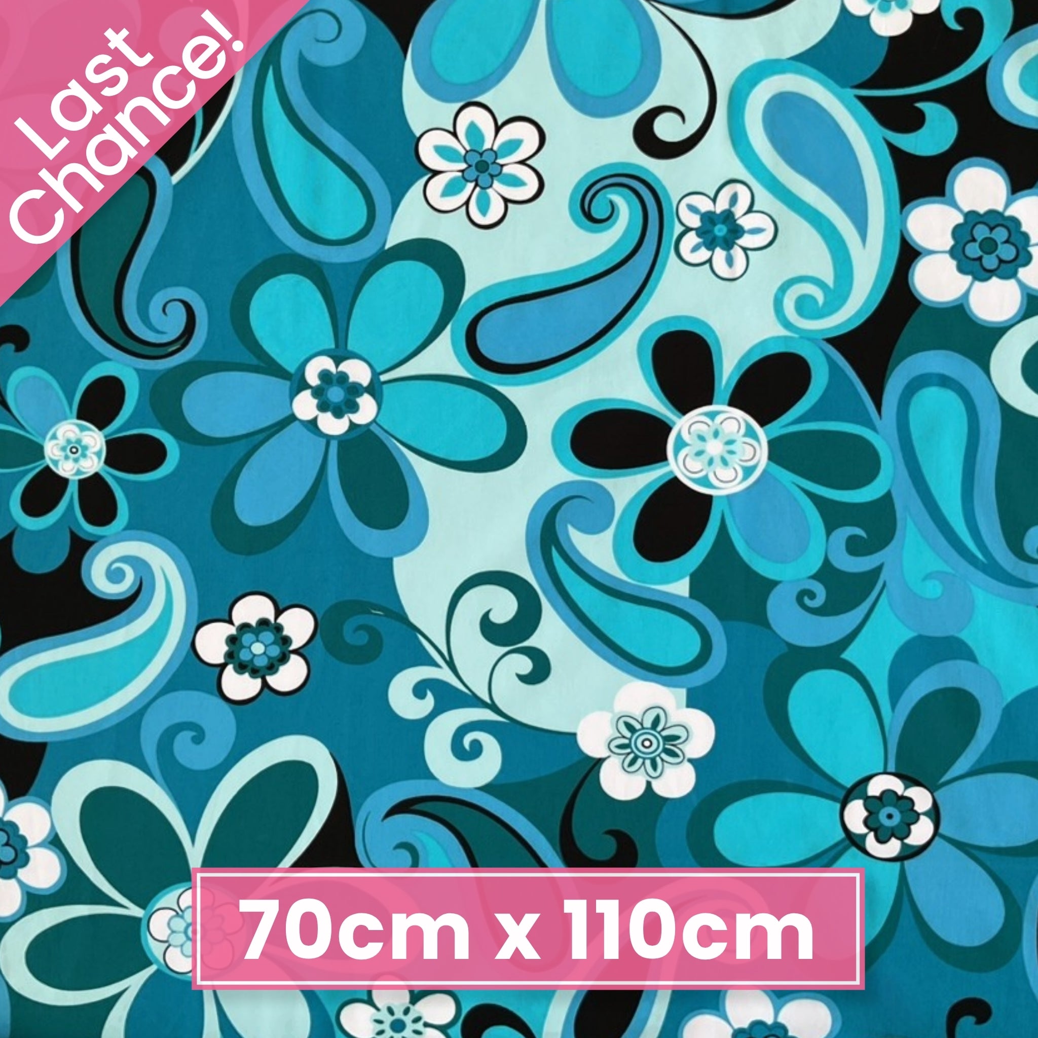 Retro large mod floral turquoise teal black fabric for retro quilts tote bags cushions patchwork projects