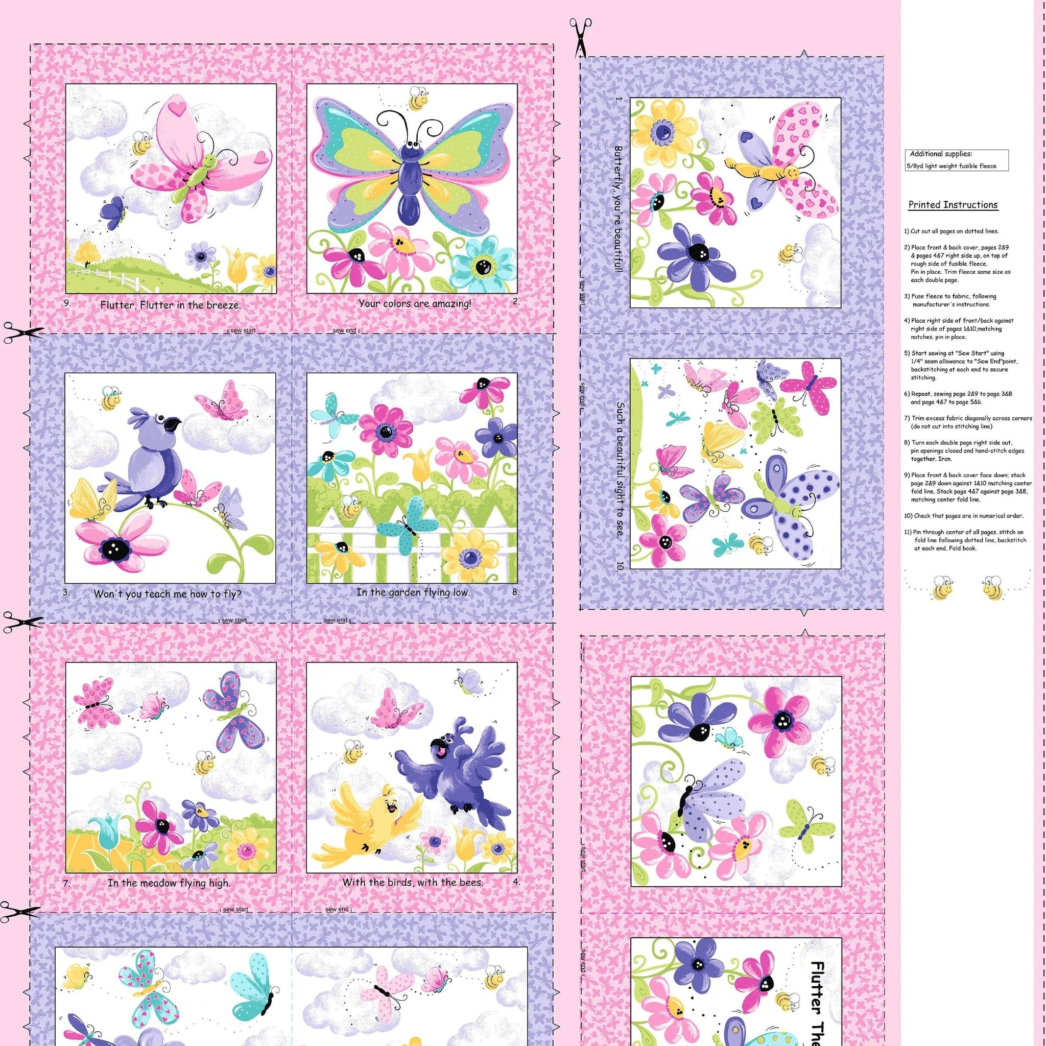Flutter the Butterfly fabric book panel pink purple butterflies birds flowers novelty girls quilting fabric baby quilts soft book nursery gifts