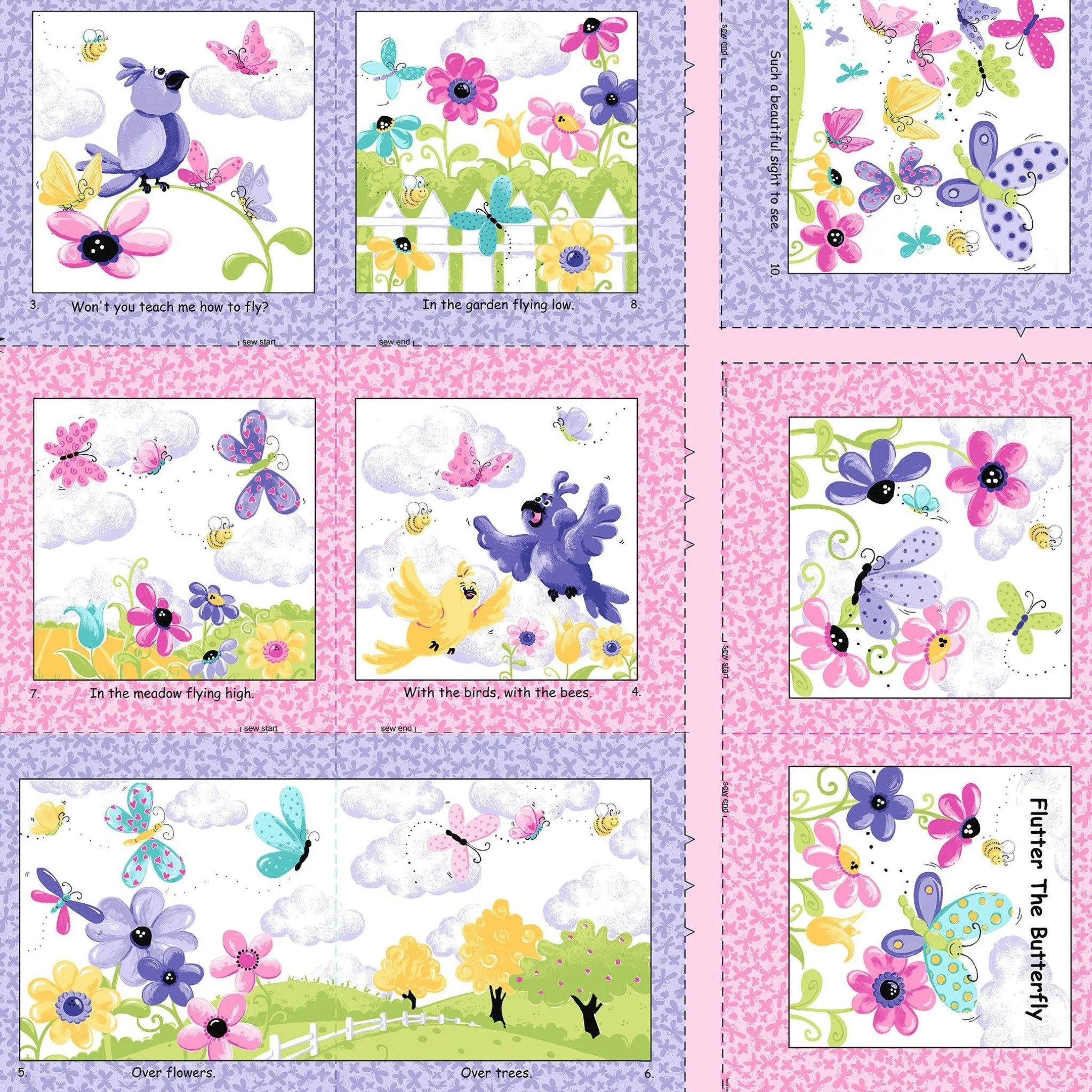 Flutter the Butterfly fabric book panel pink purple butterflies birds flowers novelty girls quilting fabric baby quilts soft book nursery gifts
