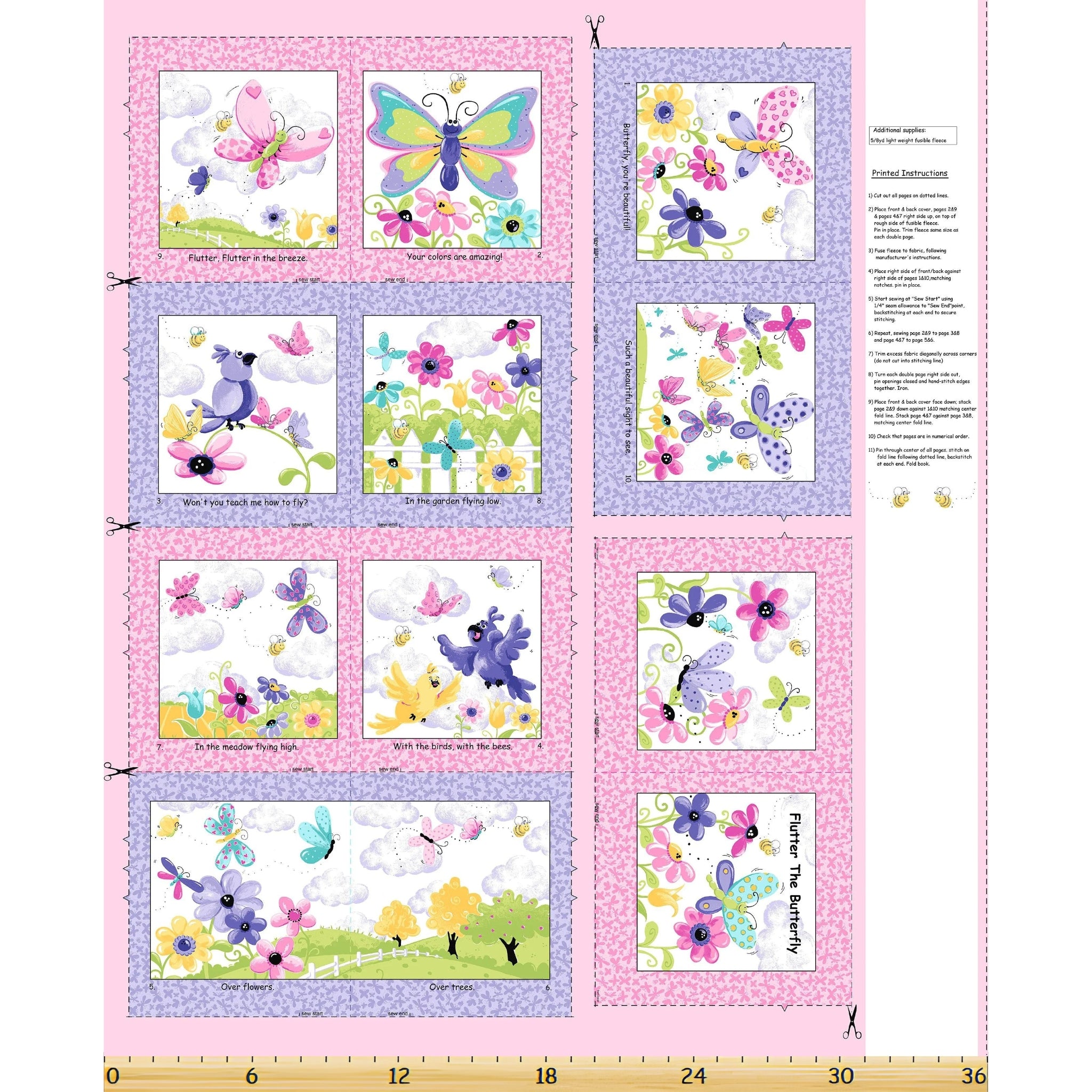 Flutter the Butterfly fabric book panel pink purple butterflies birds flowers novelty girls quilting fabric baby quilts soft book nursery gifts