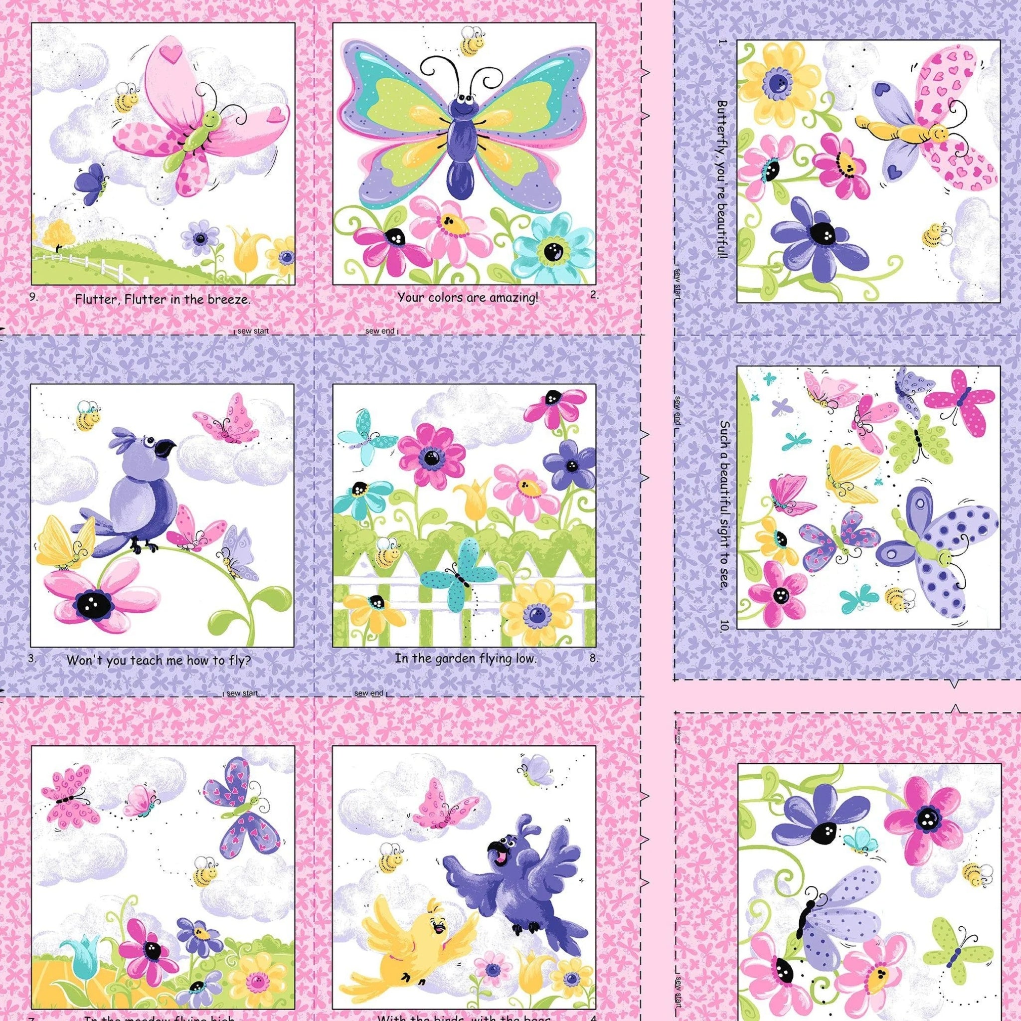 Flutter the Butterfly fabric book panel pink purple butterflies birds flowers novelty girls quilting fabric baby quilts soft book nursery gifts