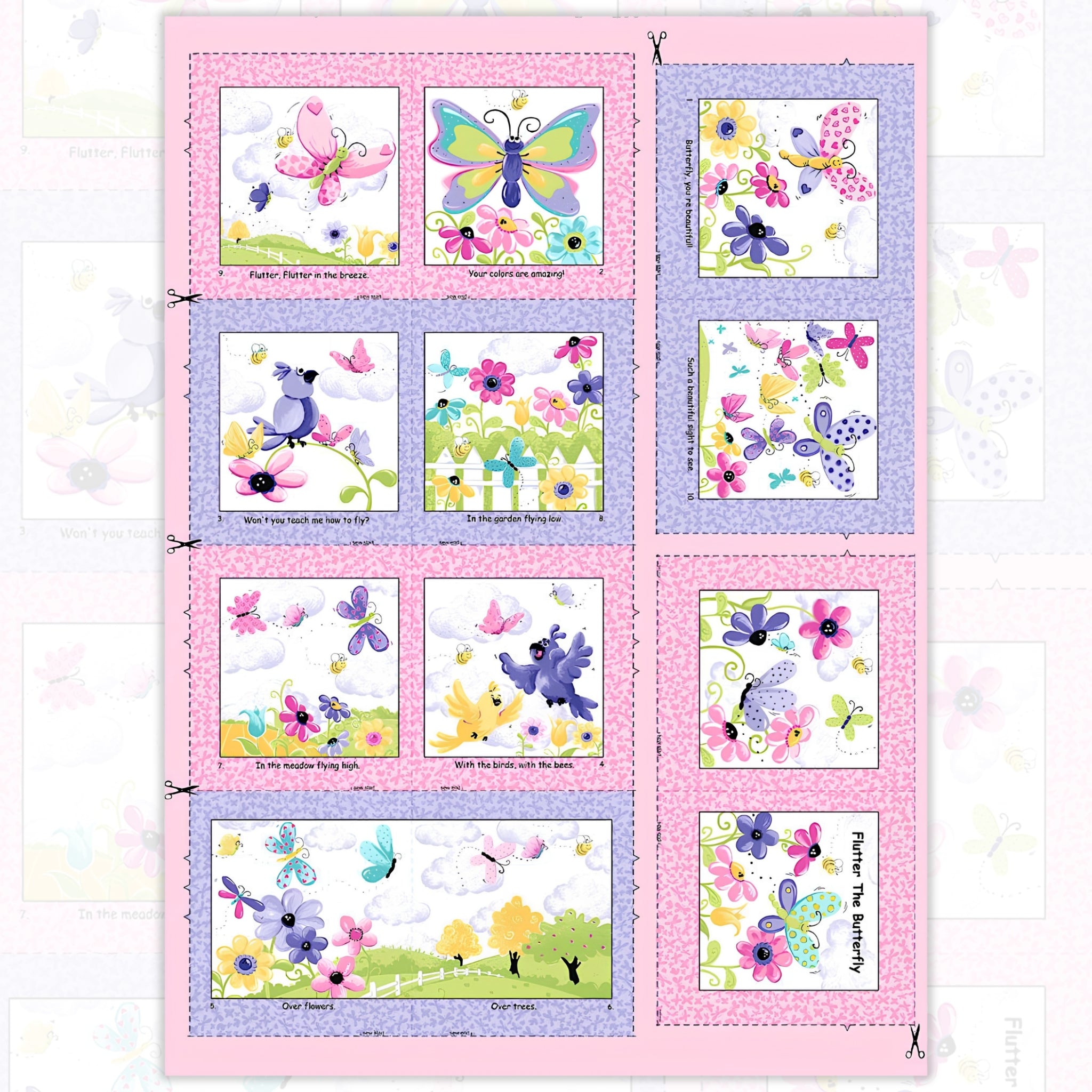Flutter the Butterfly fabric book panel pink purple butterflies birds flowers novelty girls quilting fabric baby quilts soft book nursery gifts