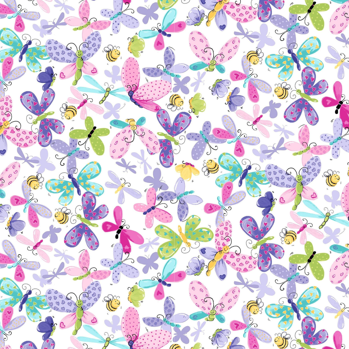 Flutter the Butterfly butterflies dragonflies bees white multi pink purple teal green novelty girls quilting fabric baby quilts nursery projects