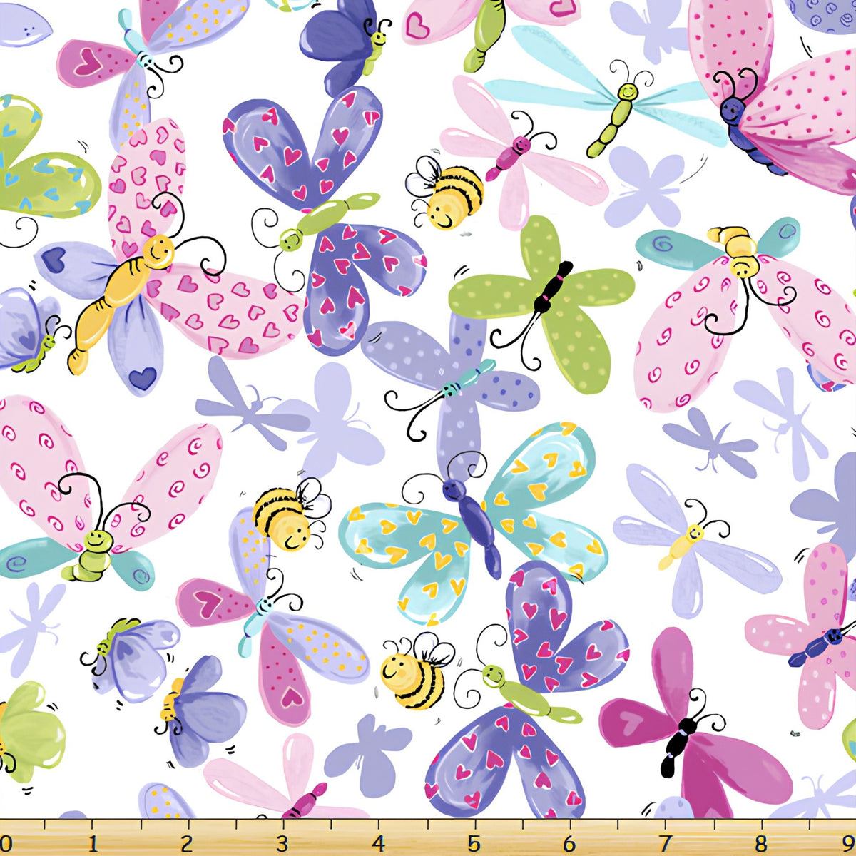 Flutter the Butterfly butterflies dragonflies bees white multi pink purple teal green novelty girls quilting fabric baby quilts nursery projects