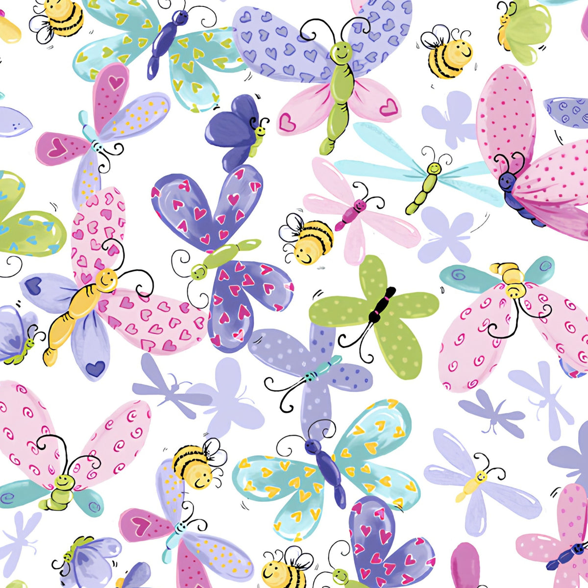 Flutter the Butterfly butterflies dragonflies bees white multi pink purple teal green novelty girls quilting fabric baby quilts nursery projects