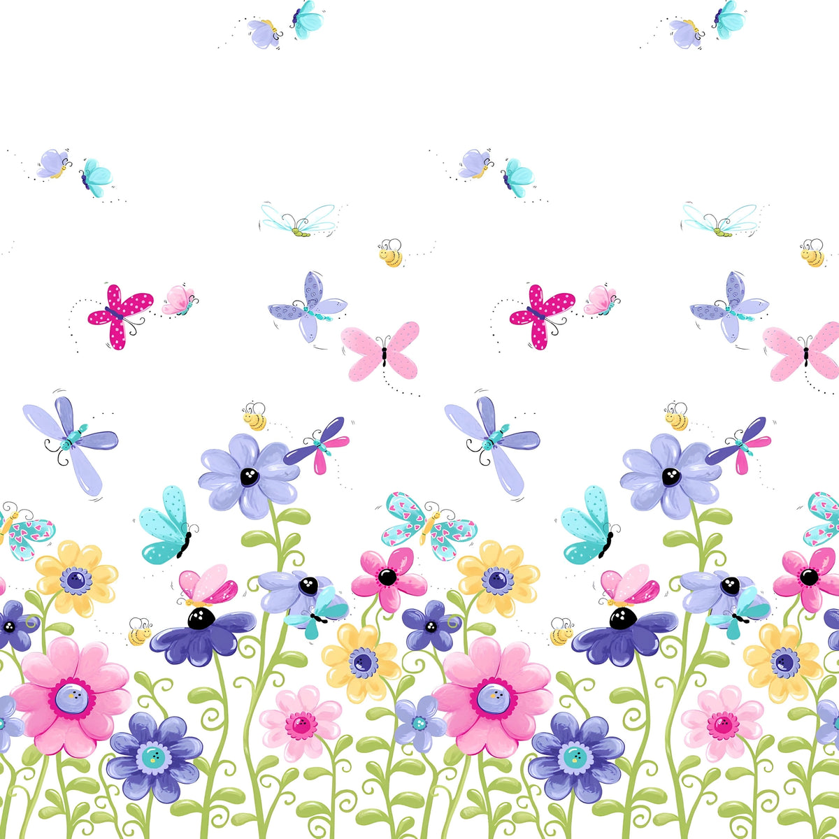 Flutter the Butterfly double border white multi flowers butterflies dragonflies bees novelty girls quilting fabric baby quilts nursery borders