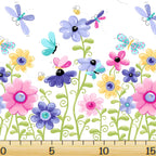 Flutter the Butterfly double border white multi flowers butterflies dragonflies bees novelty girls quilting fabric baby quilts nursery borders