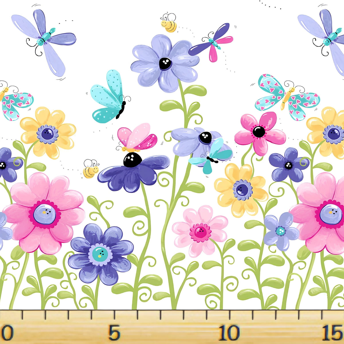 Flutter the Butterfly double border white multi flowers butterflies dragonflies bees novelty girls quilting fabric baby quilts nursery borders