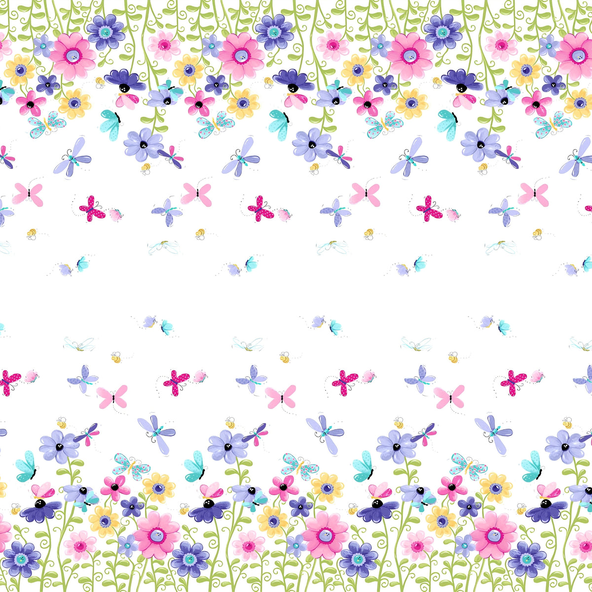 Flutter the Butterfly double border white multi flowers butterflies dragonflies bees novelty girls quilting fabric baby quilts nursery borders