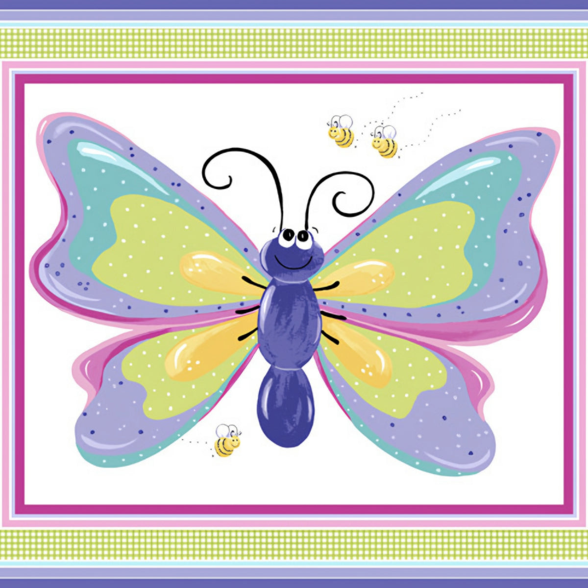 Flutter the Butterfly playmat panel purple pink teal green gingham borders butterfly centrepiece novelty girls quilting fabric baby quilts nursery wall hangings
