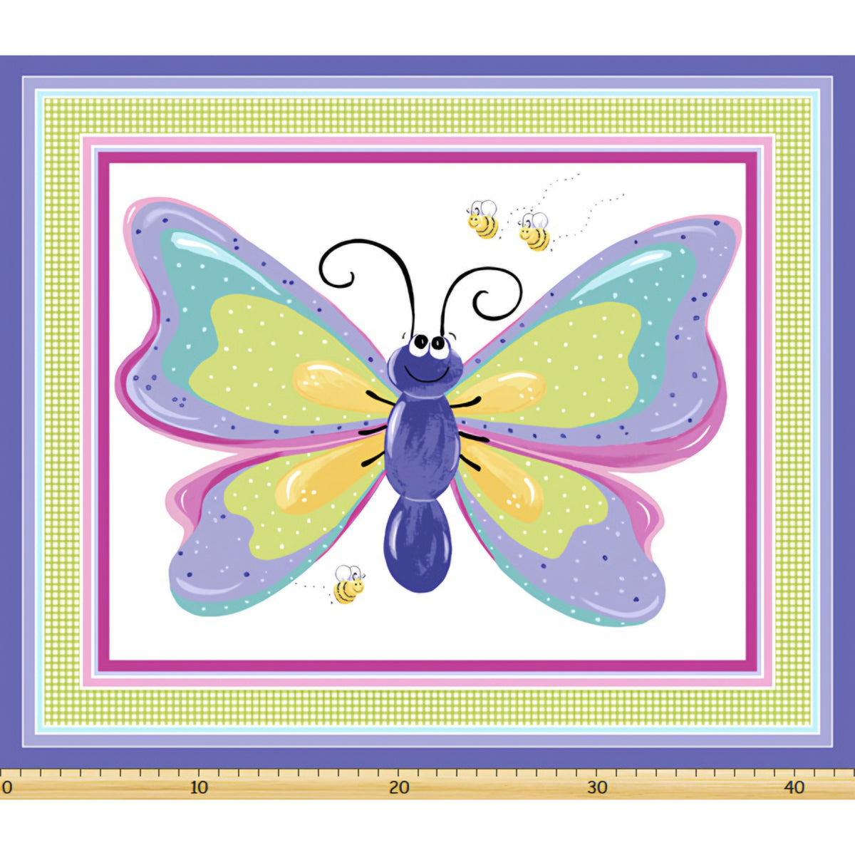 Flutter the Butterfly playmat panel purple pink teal green gingham borders butterfly centrepiece novelty girls quilting fabric baby quilts nursery wall hangings