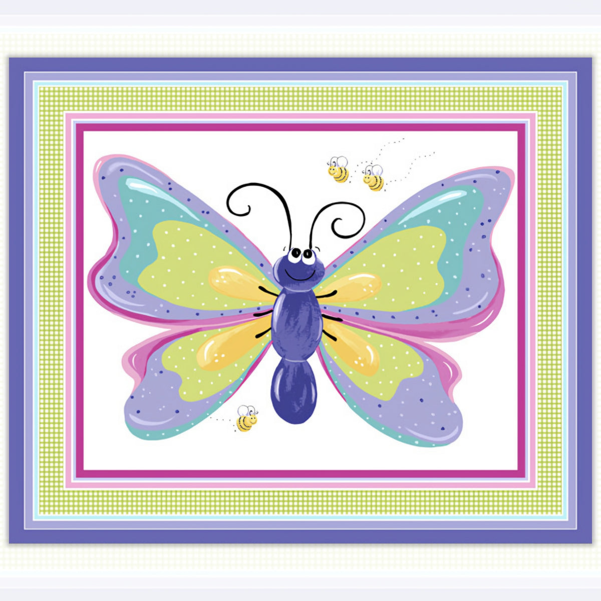 Flutter the Butterfly playmat panel purple pink teal green gingham borders butterfly centrepiece novelty girls quilting fabric baby quilts nursery wall hangings