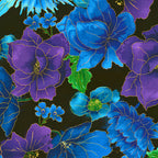Blue purple metallic floral print gold outlines black background fabric for feature quilts bags and bold patchwork sewing projects
