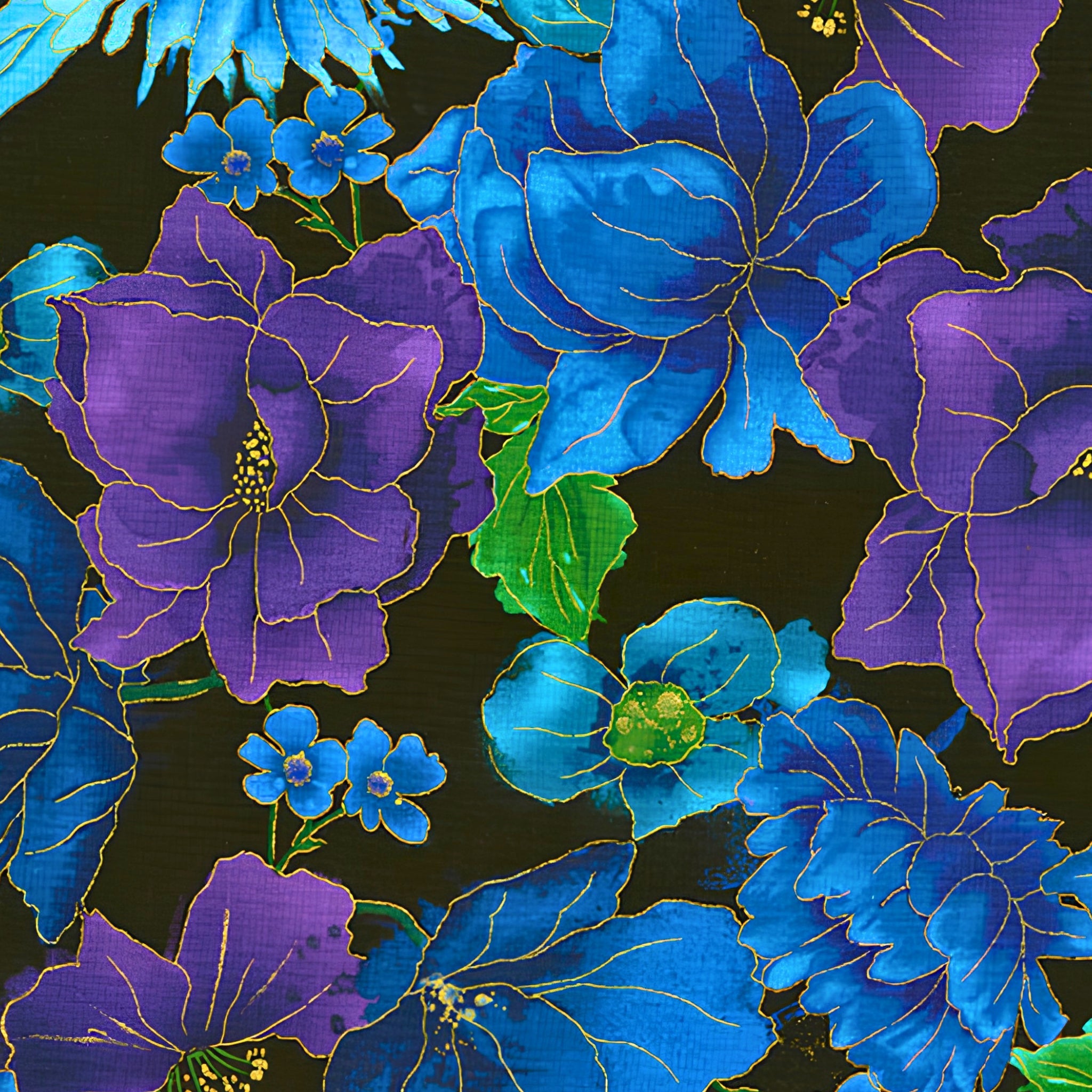 Blue purple metallic floral print gold outlines black background fabric for feature quilts bags and bold patchwork sewing projects