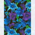 Blue purple metallic floral print gold outlines black background fabric for feature quilts bags and bold patchwork sewing projects