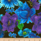 Blue purple metallic floral print gold outlines black background fabric for feature quilts bags and bold patchwork sewing projects