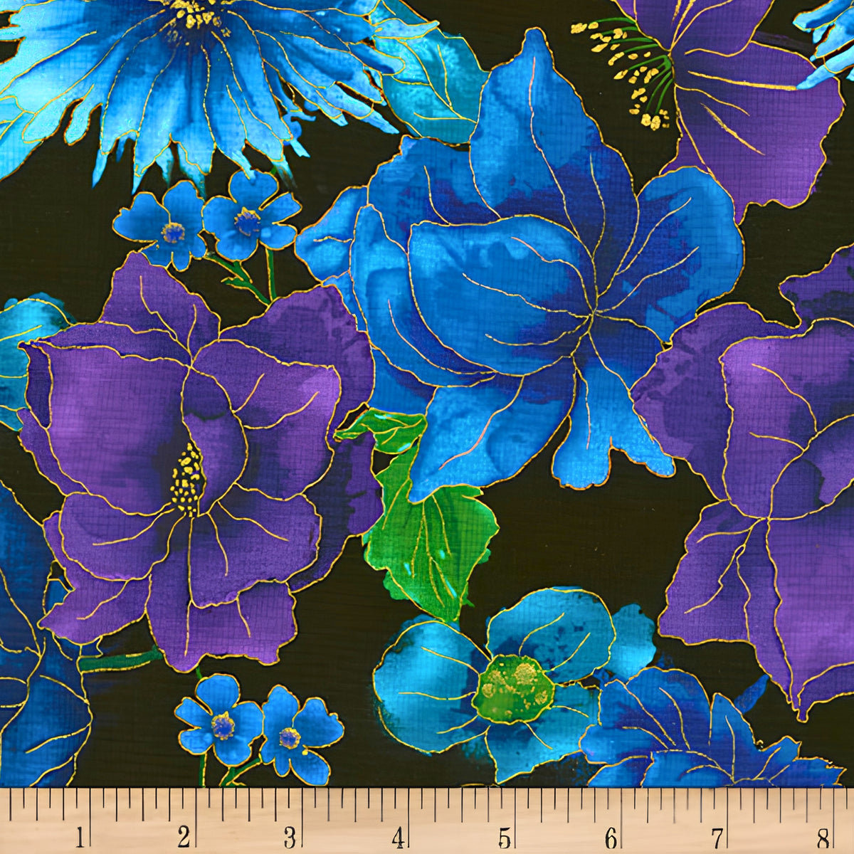 Blue purple metallic floral print gold outlines black background fabric for feature quilts bags and bold patchwork sewing projects