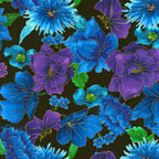 Blue purple metallic floral print gold outlines black background fabric for feature quilts bags and bold patchwork sewing projects