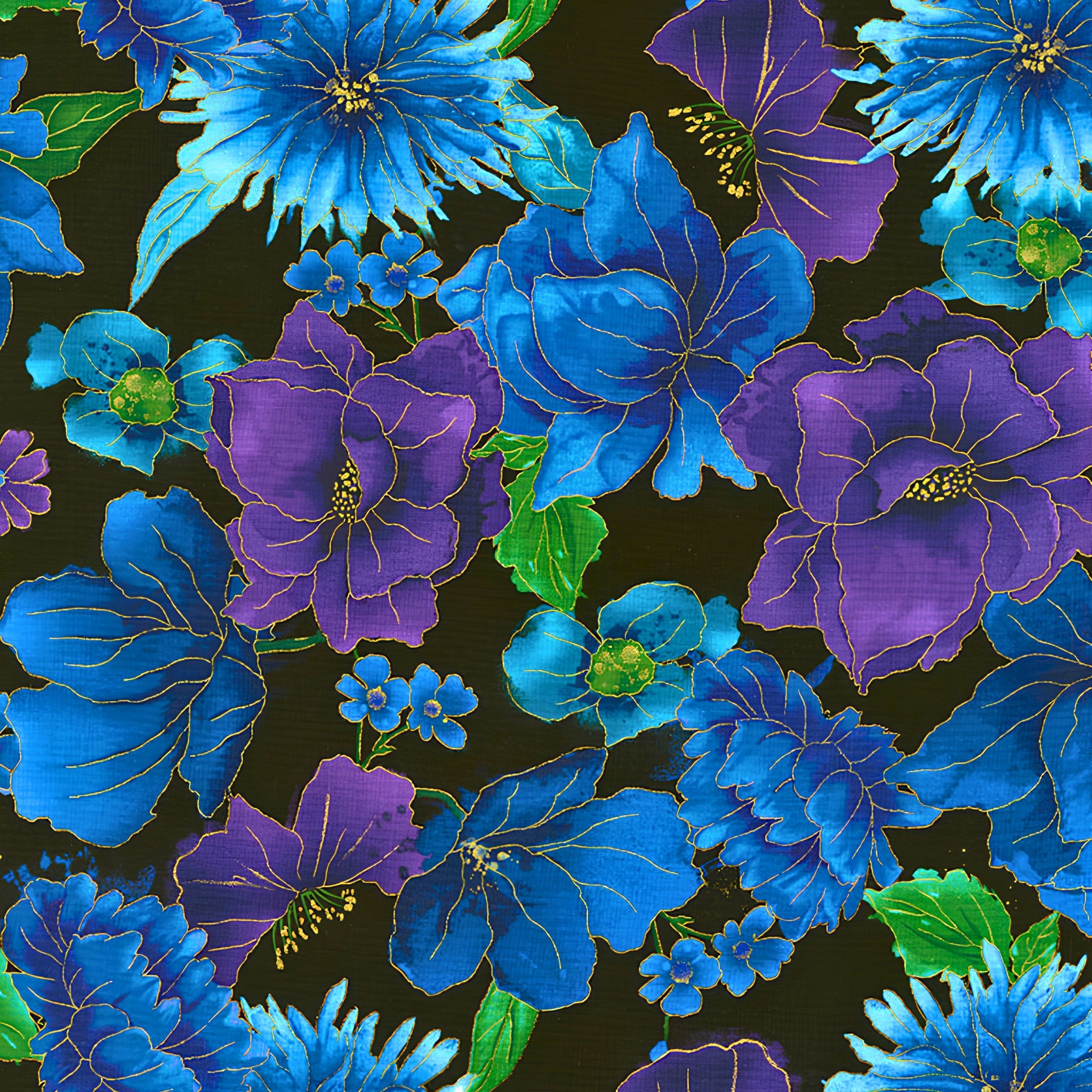Blue purple metallic floral print gold outlines black background fabric for feature quilts bags and bold patchwork sewing projects