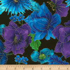 Blue purple flowers on black background with gold metallic accents fabric for feature quilts and patchwork sewing projects